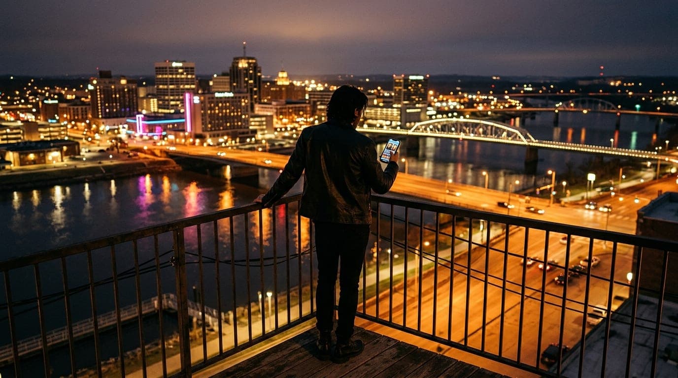 A 24mm wide-angle shot of a leather-clad person standing on a balcony overlooking Peoria at night. They hold a smartphone...