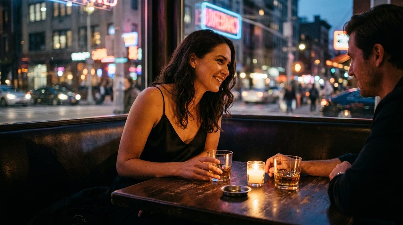 A medium shot captures two whiskey glasses on a dark wood table in a candle-lit corner booth. A woman in a black silk cami...