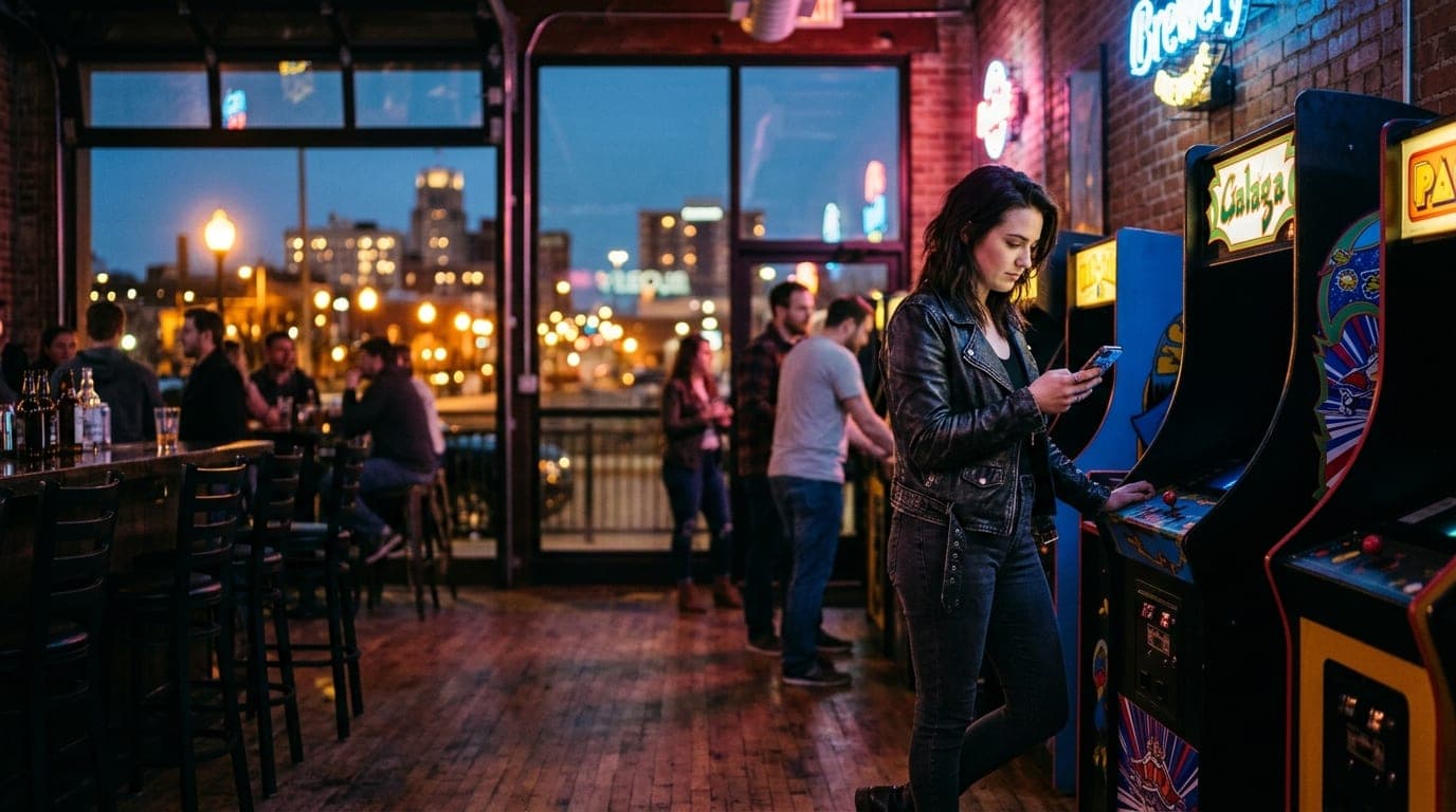 A woman in a leather jacket stands near an arcade cabinet in a dimly lit, neon-soaked Peoria beercade, looking at her smar...