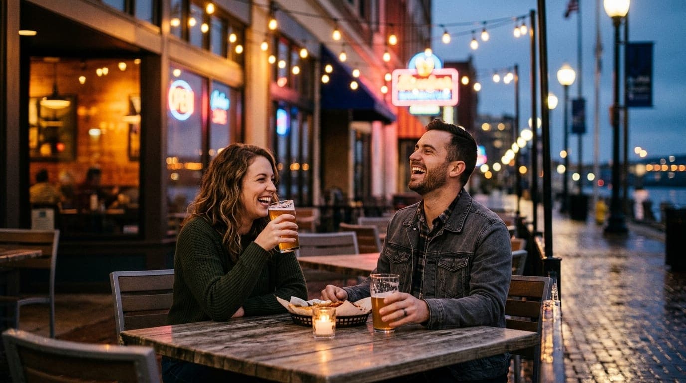 A couple sits at an outdoor table at Blue Duck Barbecue, mid-laugh, holding craft beers. Warm bistro lights shimmer agains...