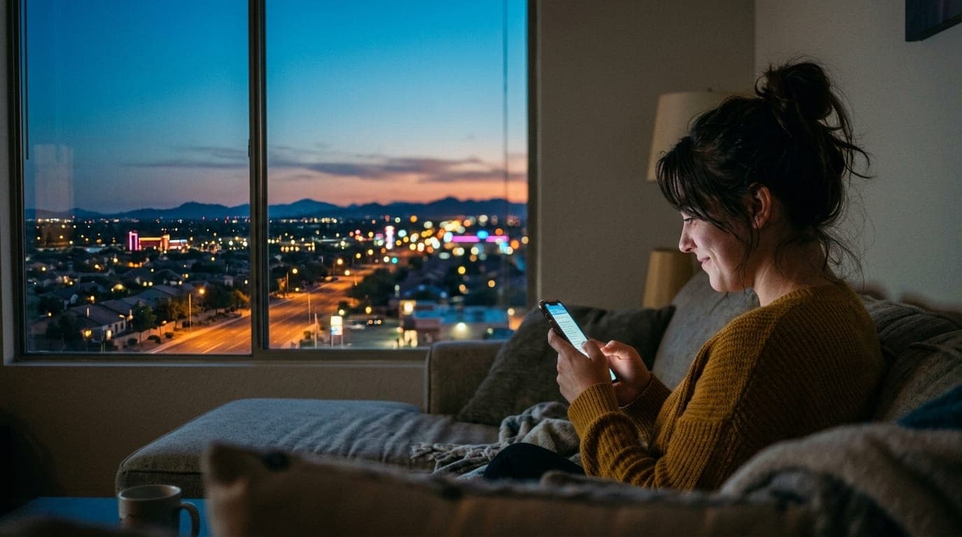 A woman sits on her couch in a Peoria living room, illuminated by a smartphone screen. Through the window, the desert suns...