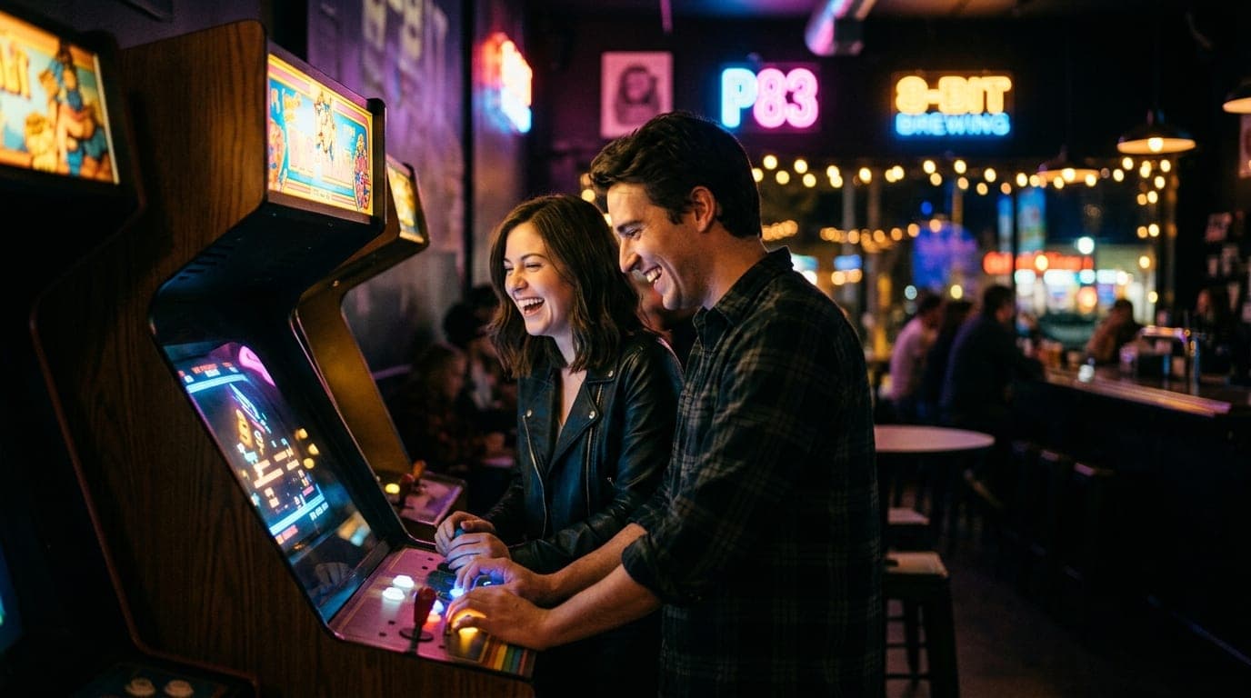 A couple laughs while playing a vintage arcade cabinet at 8-Bit Brewing, illuminated by colorful cabinet lights. In the bl...