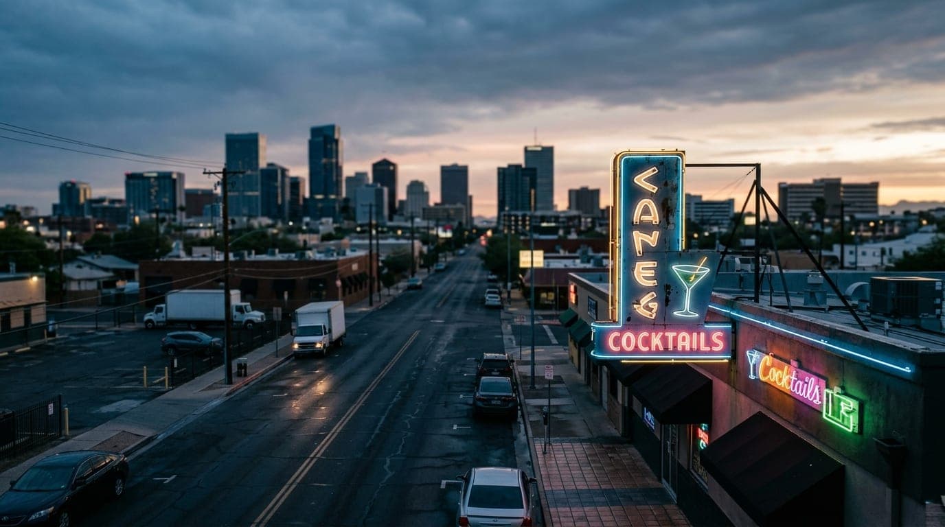 An overhead 35mm shot captures the glowing neon signs of a retro Melrose dive bar facade, offset to the right against a bl...