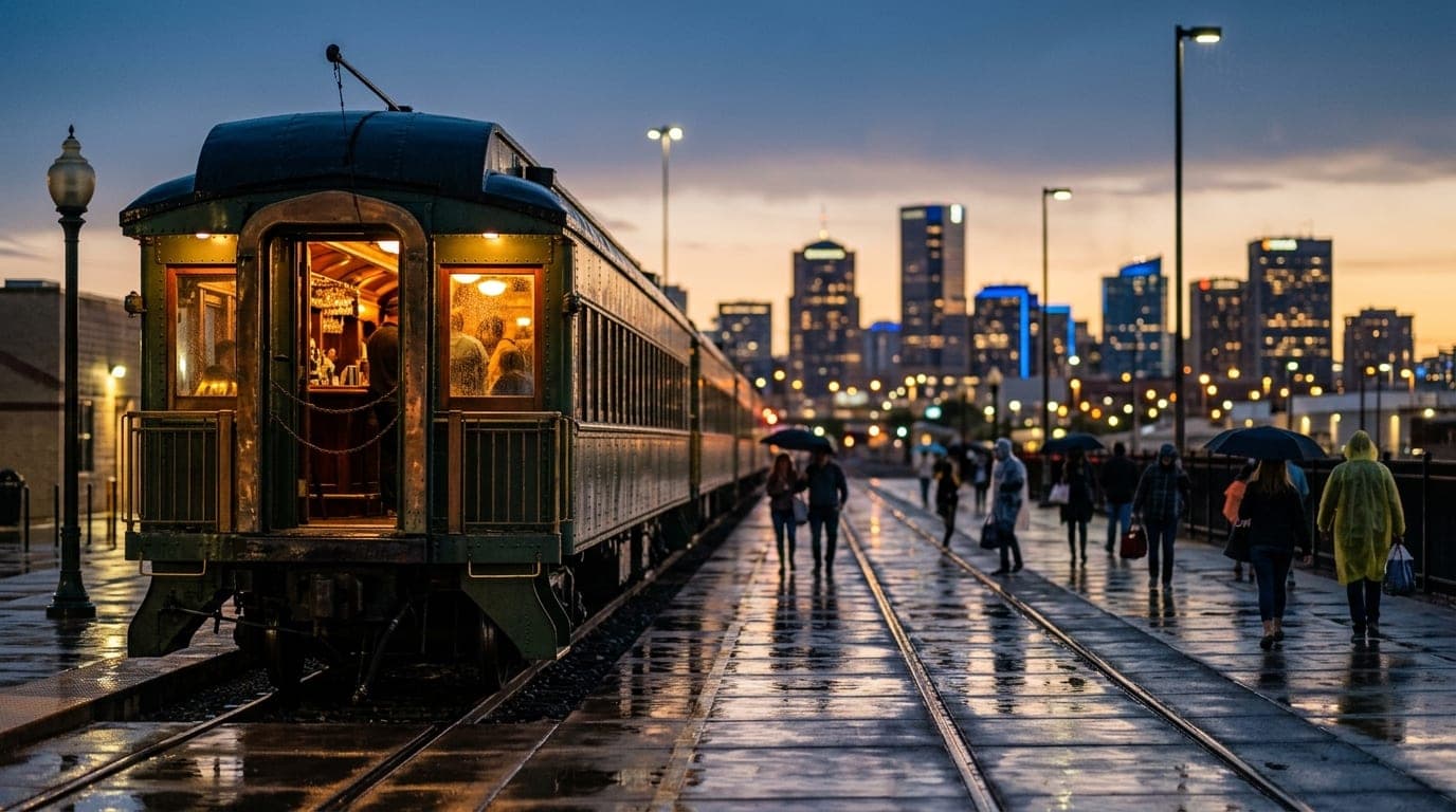 The soft, warm glow of a vintage train car bar spills onto a rain-slicked platform at dusk, with the distant, blurred ligh...