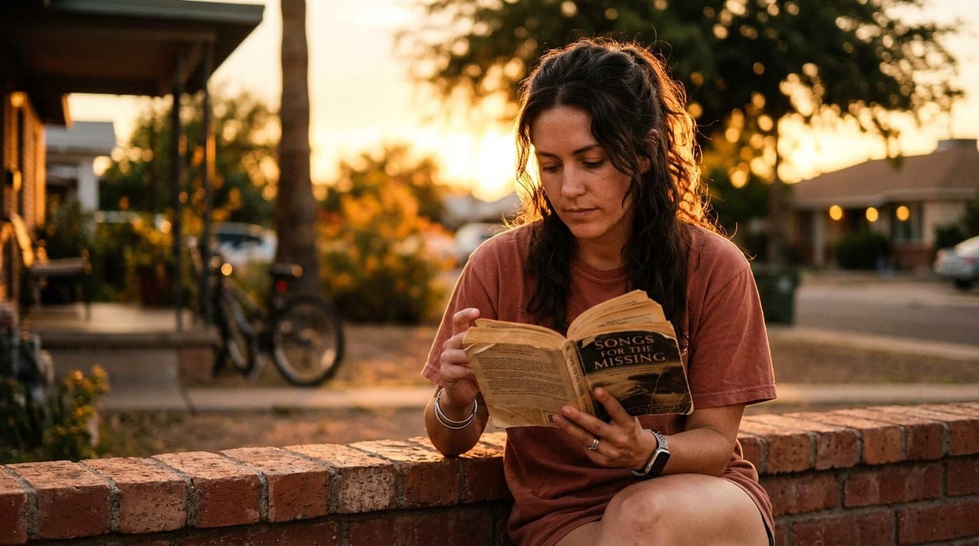 A woman sits on a sun-bleached mid-century brick wall in a Central Phoenix neighborhood. She holds a worn paperback from a...