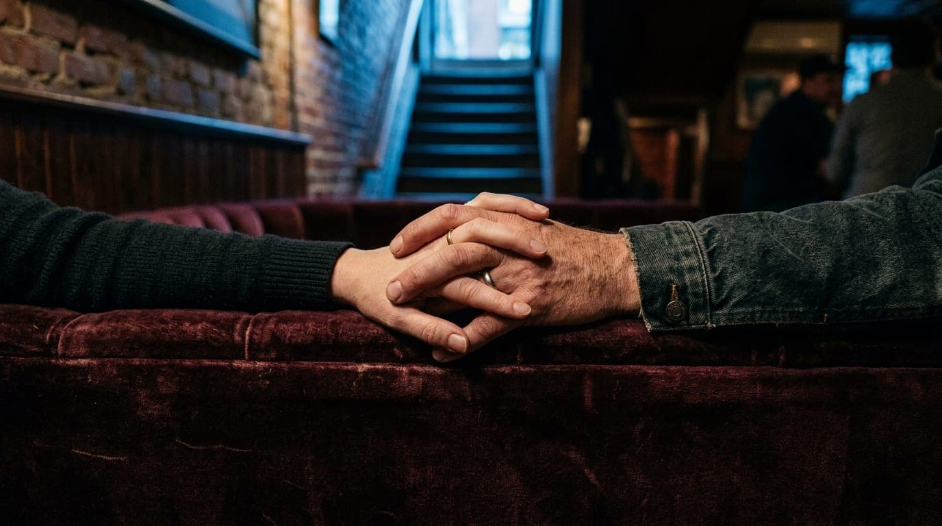 An over-the-shoulder 100mm macro shot of a couple’s interlocked hands resting on a dark velvet booth inside Valley Bar, di...