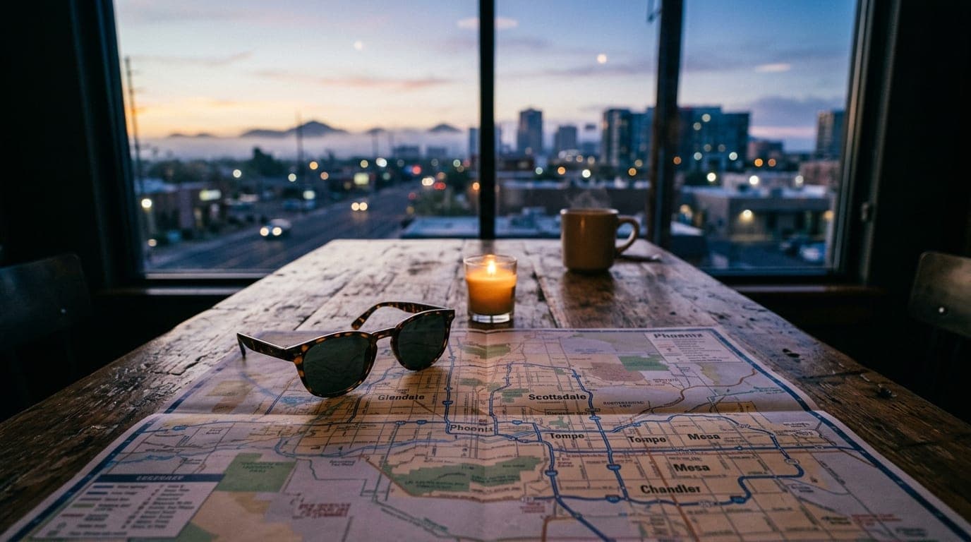 A medium shot, centered and symmetric, captures a pair of sunglasses and a physical roadmap of the Phoenix metro area rest...