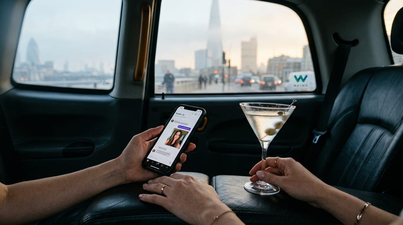A pair of hands relaxes on the leather upholstery of a Waymo backseat. One hand holds a sleek smartphone showing a Hinge i...