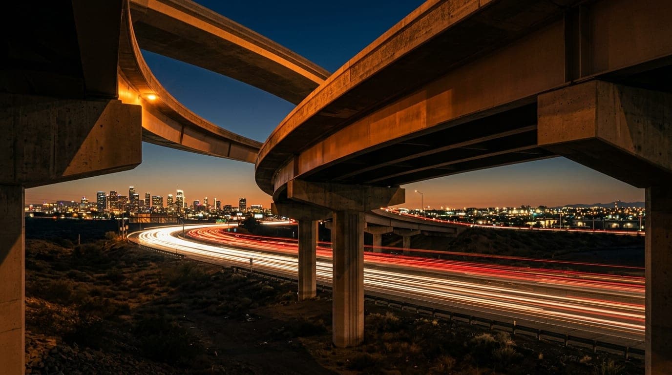 Low-angle 100mm macro shot of a sleek, illuminated freeway overpass curving through the desert night. The glowing amber li...