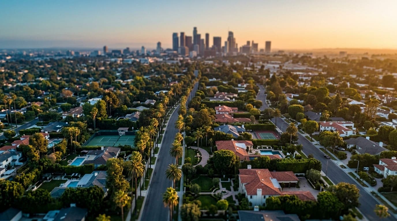 An overhead flat-lay of the sun-drenched Arcadia district at dawn. Tilt-shift focus highlights tree-lined streets and gate...