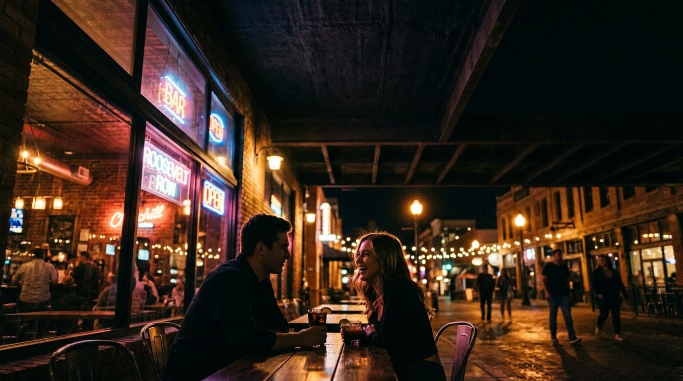 A couple shares a cocktail at a high-ceilinged Roosevelt Row bar, illuminated by ambient neon glow. They sit in the lower...
