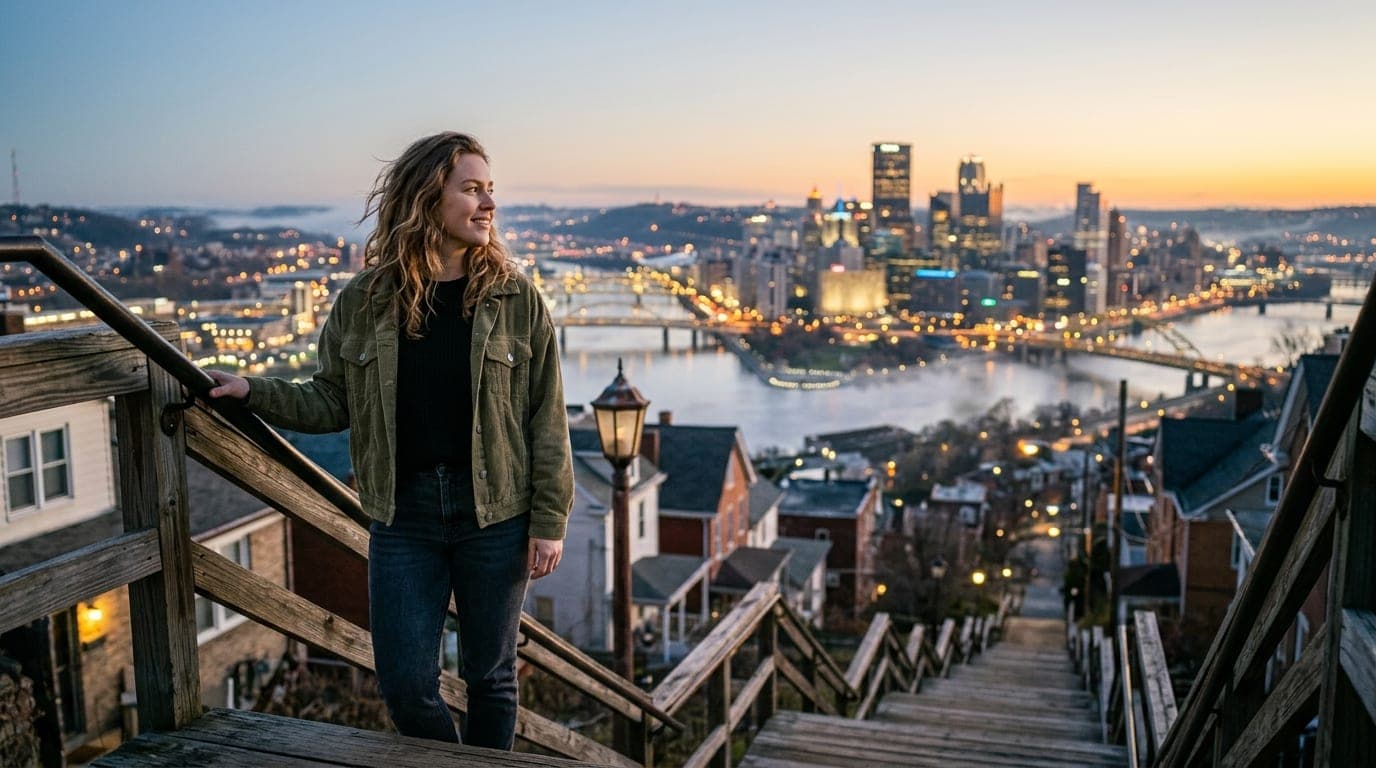 An 85mm portrait shot, offset left, capturing a woman in a casual corduroy jacket standing atop a South Side Slopes stairc...