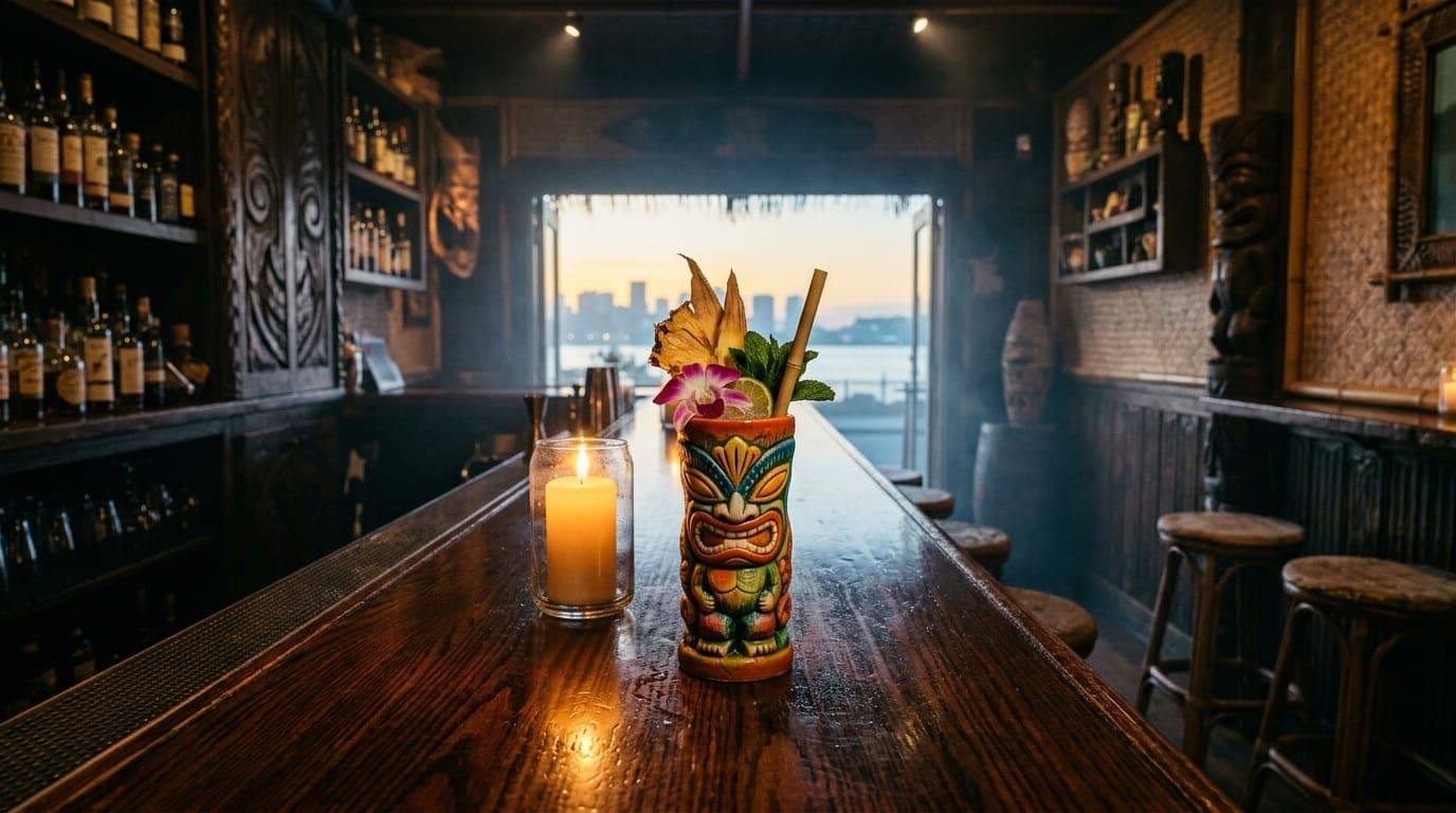 A centered 24mm shot inside a dimly lit, candlelit tiki bar. A colorful, ornate tropical cocktail sits on a polished dark...