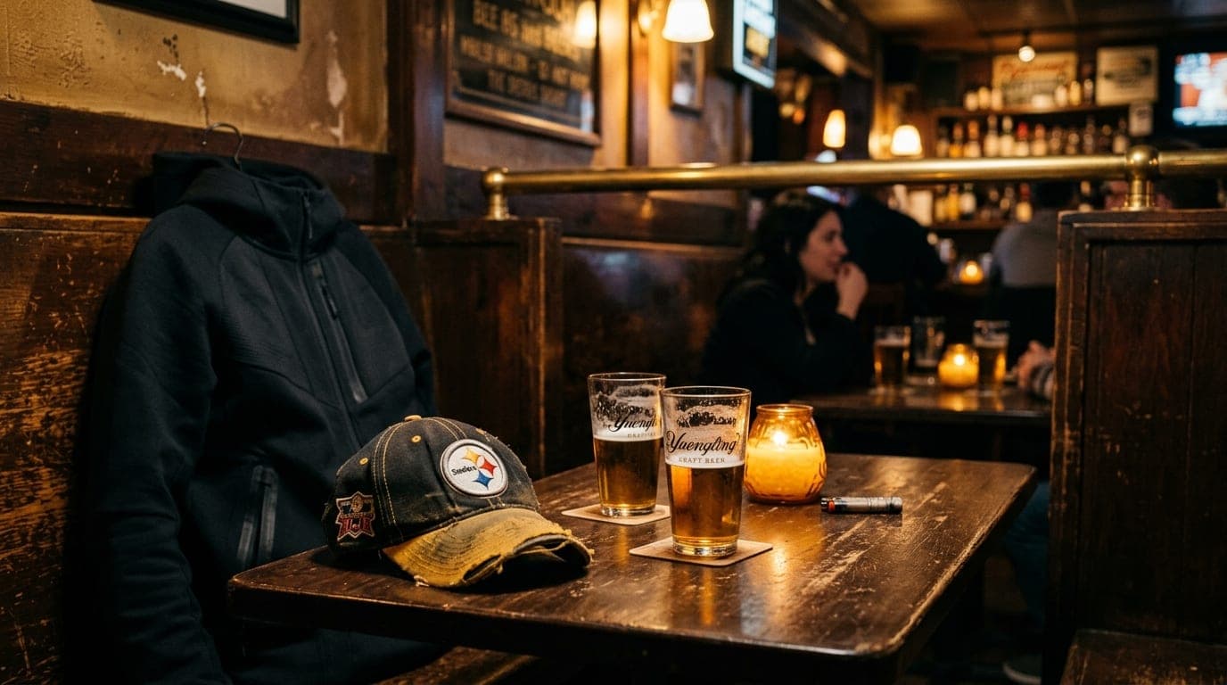 A warm, tungsten-lit booth at a Polish Hill dive bar. A vintage Steelers cap rests next to a sleek, modern tech-wear hoodi...