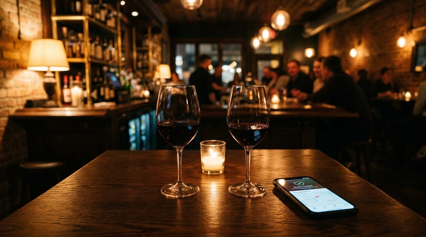 A medium, centered shot in a polished North Side bar. Two glasses of wine sit on the dark wood. A smartphone beside them s...
