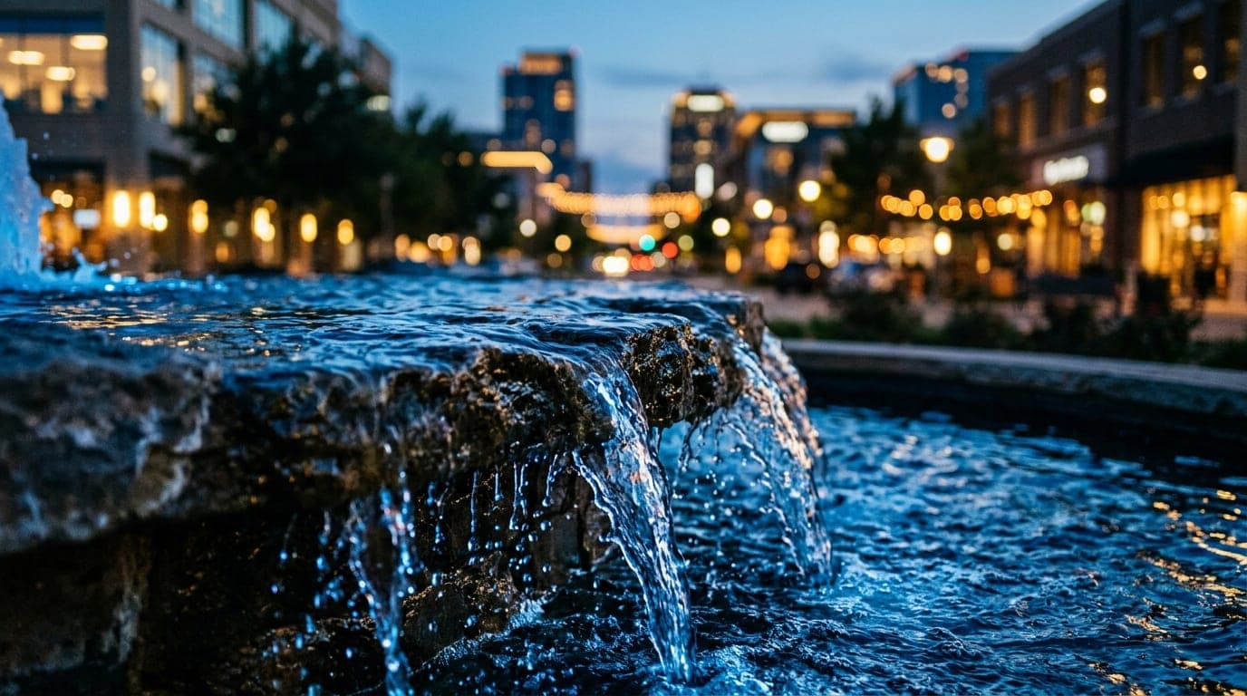 A tight 100mm macro shot captures the glistening, blue-toned water cascading over the stone edge of the Windrose Avenue fo...