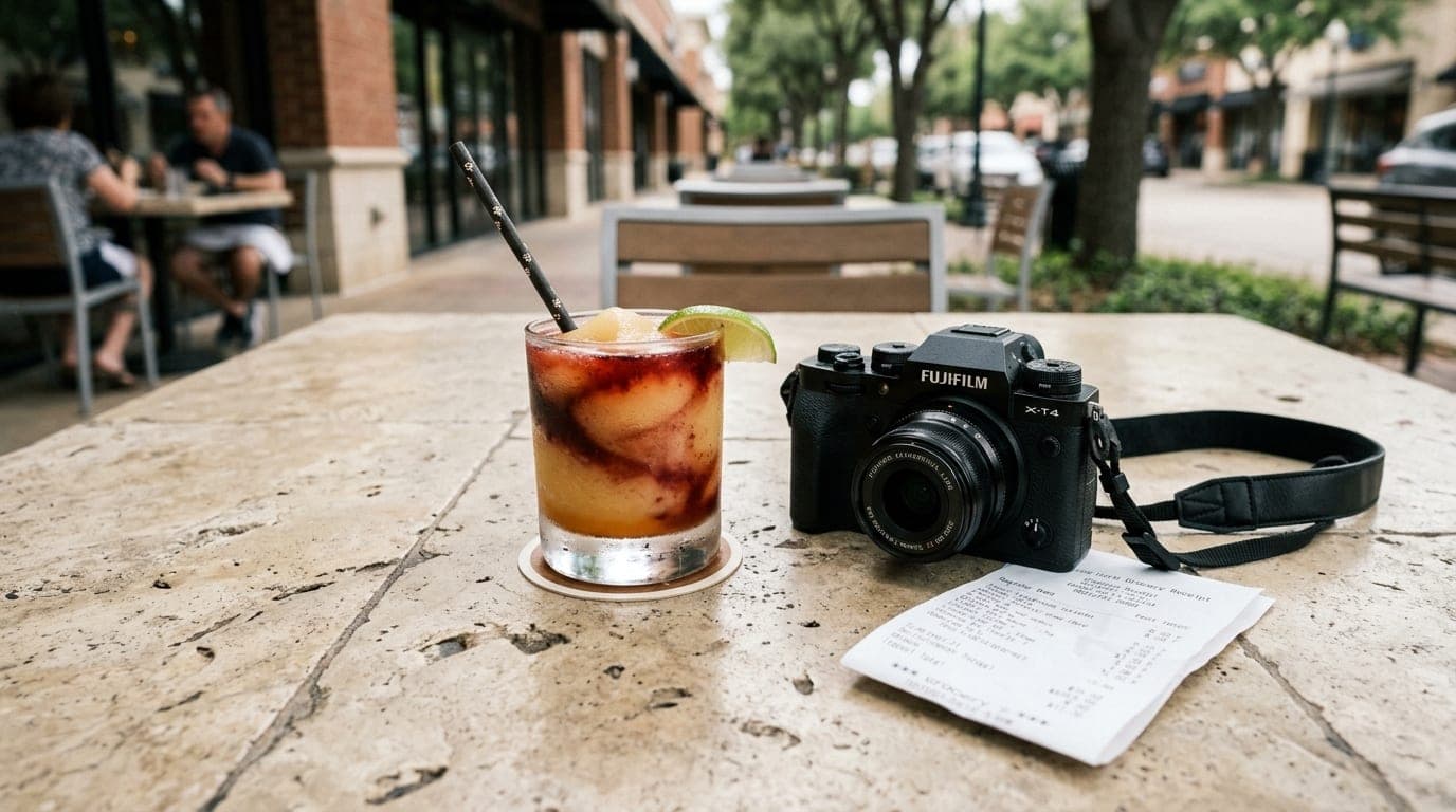 Overhead flat-lay on a polished limestone cafe table at The Shops at Legacy. A chilled Mambo Taxi cocktail, a professional...