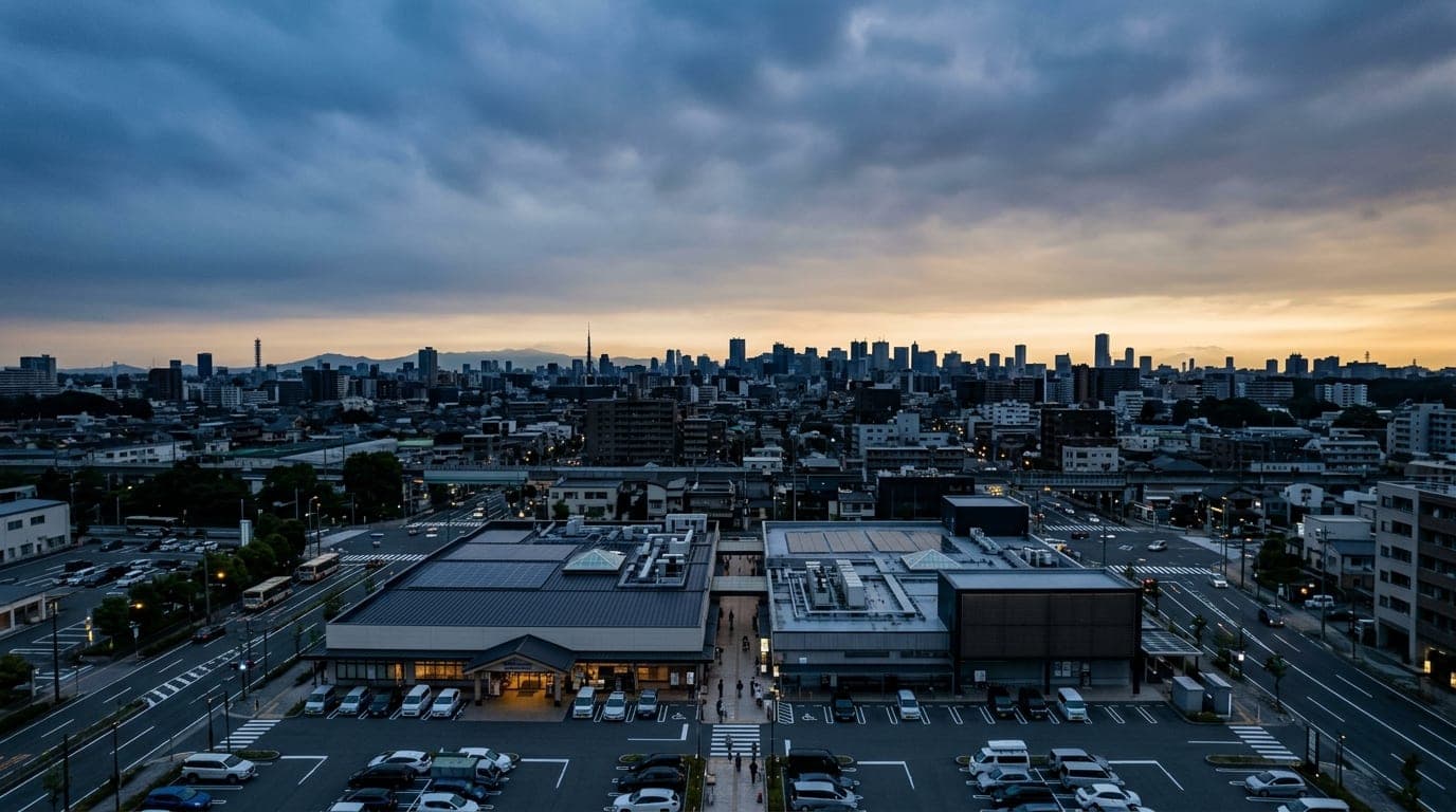 Overhead flat-lay of the Mitsuwa Marketplace exterior in the overcast morning light. The quiet, modern architectural lines...
