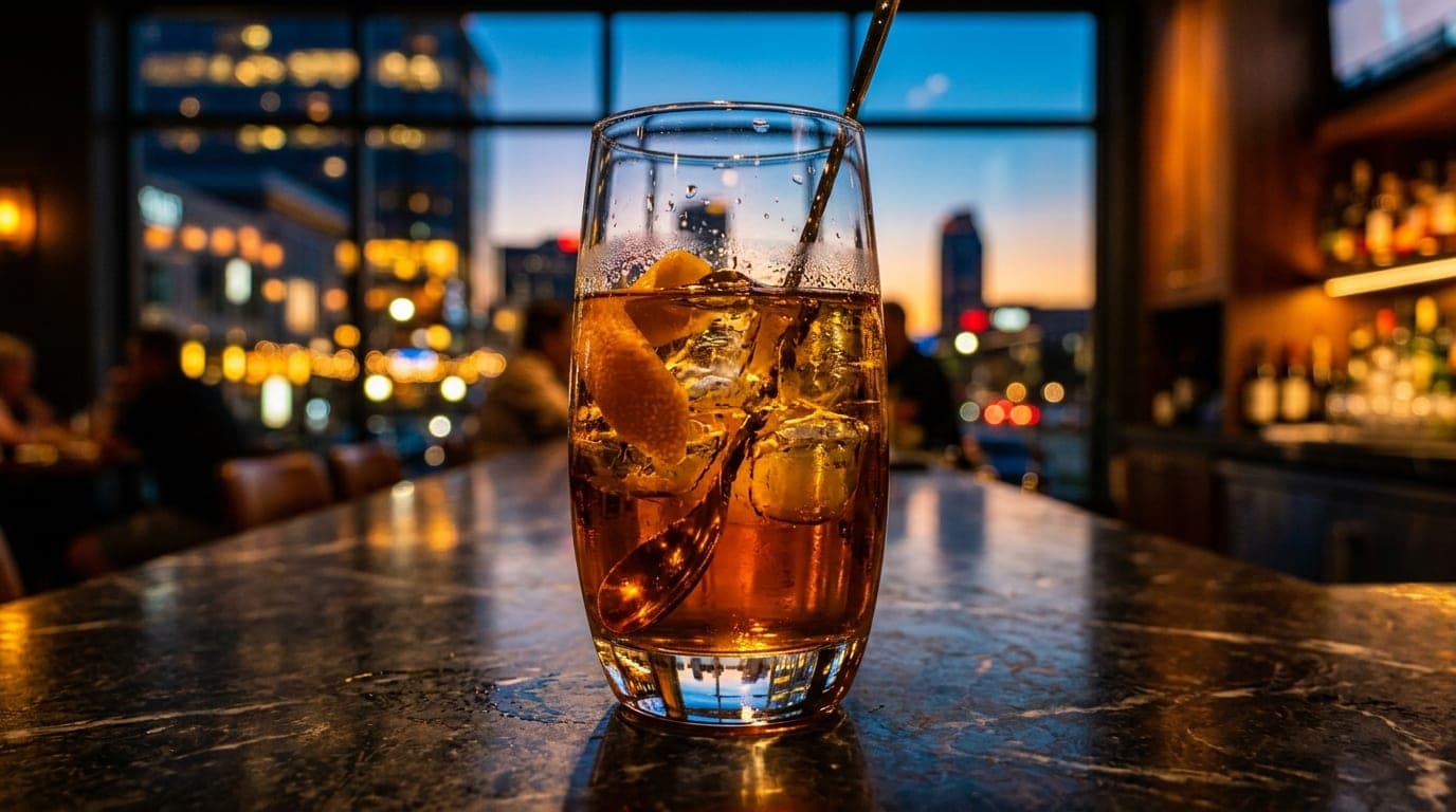 A close-up, 100mm macro shot of a single highball glass sitting on a dark marble table at a Legacy West bar, reflecting th...