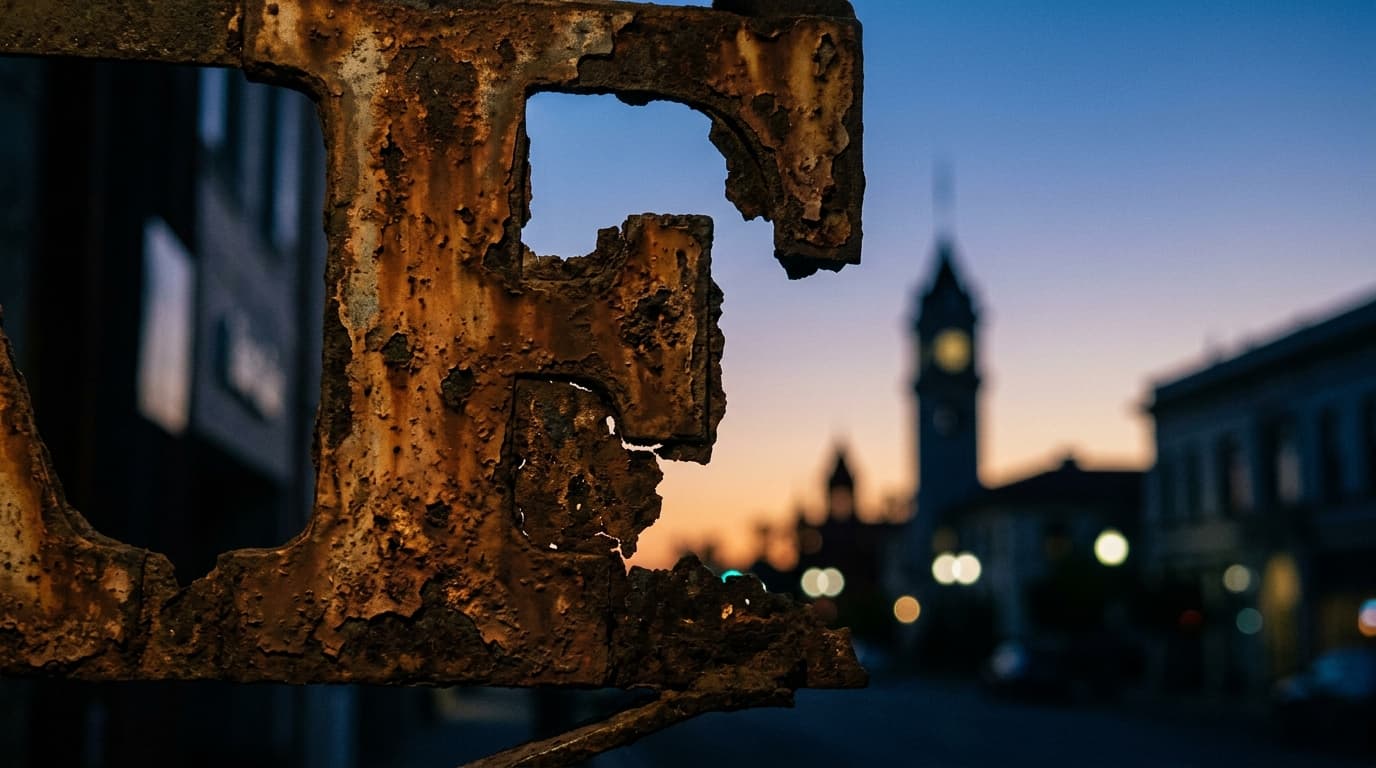 100mm macro shot of the weathered, rusted iron signage of a Second Street antique shop, capturing deep blue hour shadows a...