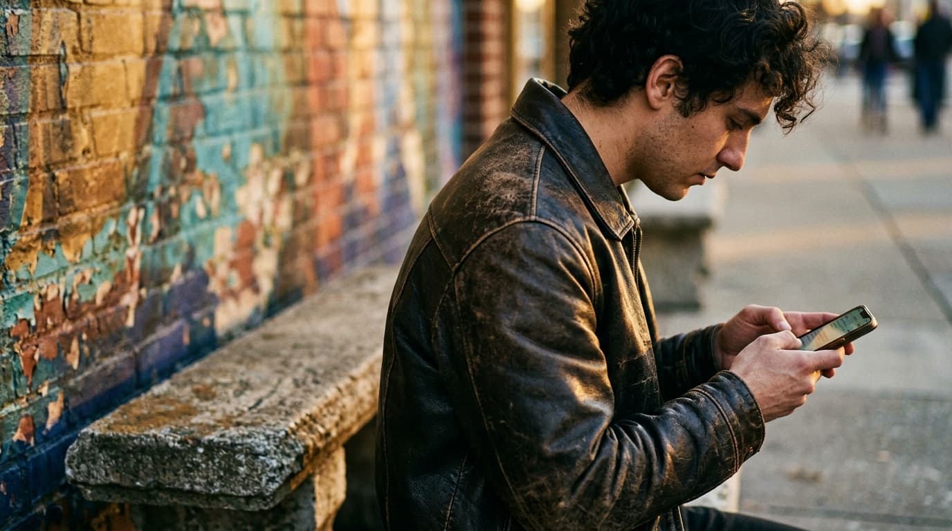 Golden hour 35mm documentary shot. A person in a vintage leather jacket sits on a weathered concrete bench outside the Fox...