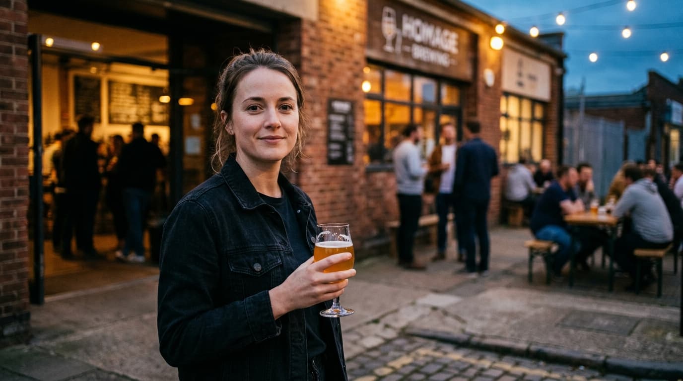 Blue hour, 85mm shot of a woman in a black denim jacket standing outside Homage Brewing. She holds a craft beer glass, eye...