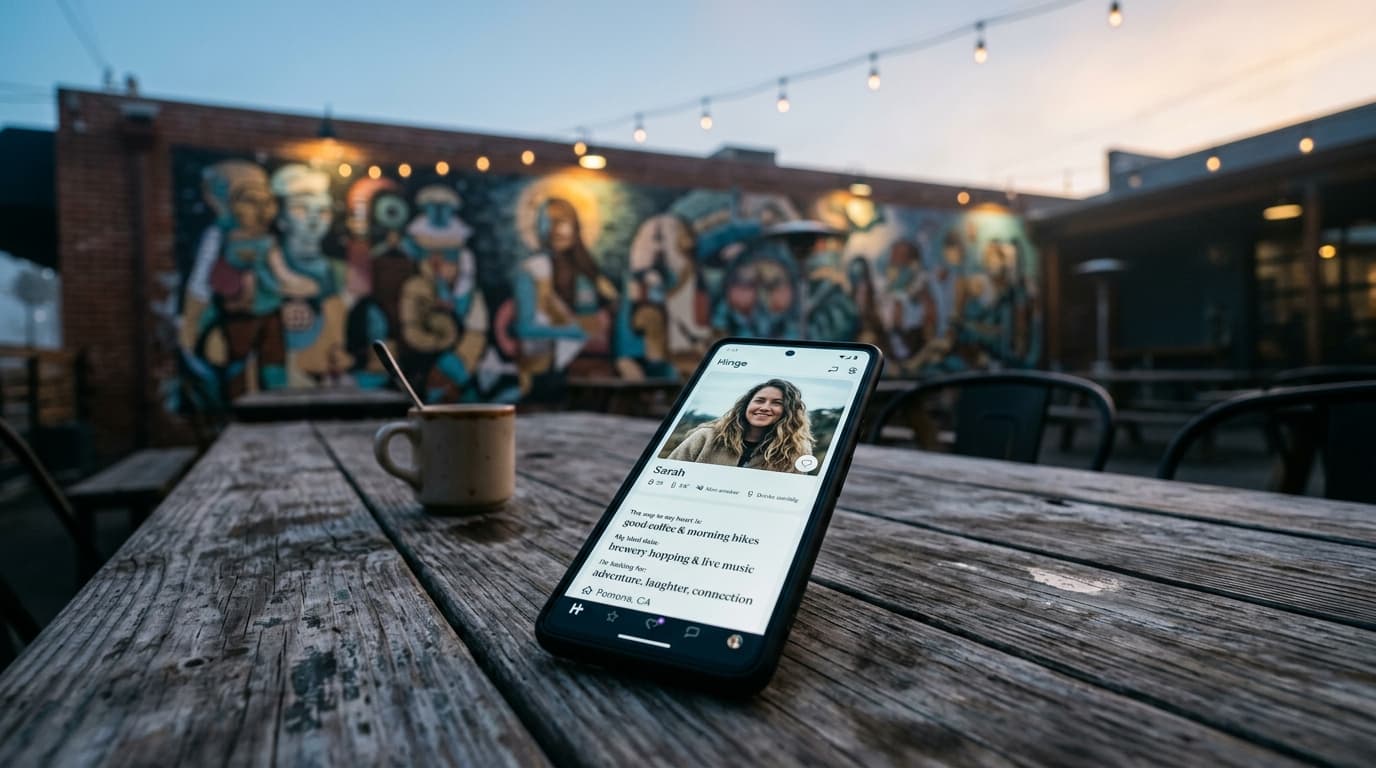 A low-angle hero shot of a smartphone displaying a Hinge profile, resting on a weathered industrial table at a Pomona brew...