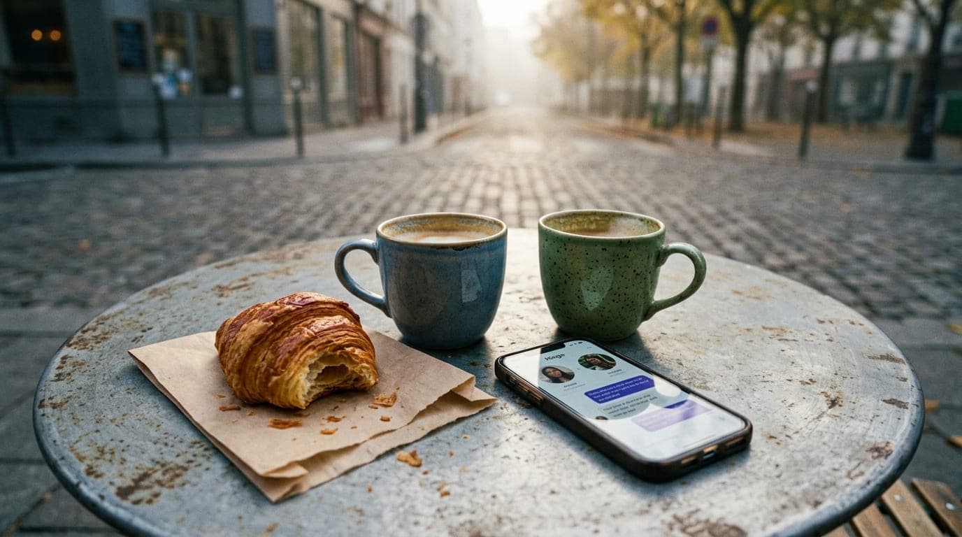 Overhead flat-lay on a weathered outdoor bistro table: two half-finished ceramic latte mugs, a crumbled croissant on a pap...