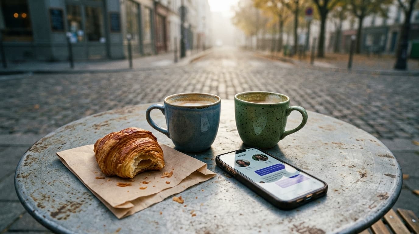 Overhead flat-lay on a weathered outdoor bistro table: two half-finished ceramic latte mugs, a crumbled croissant on a pap...