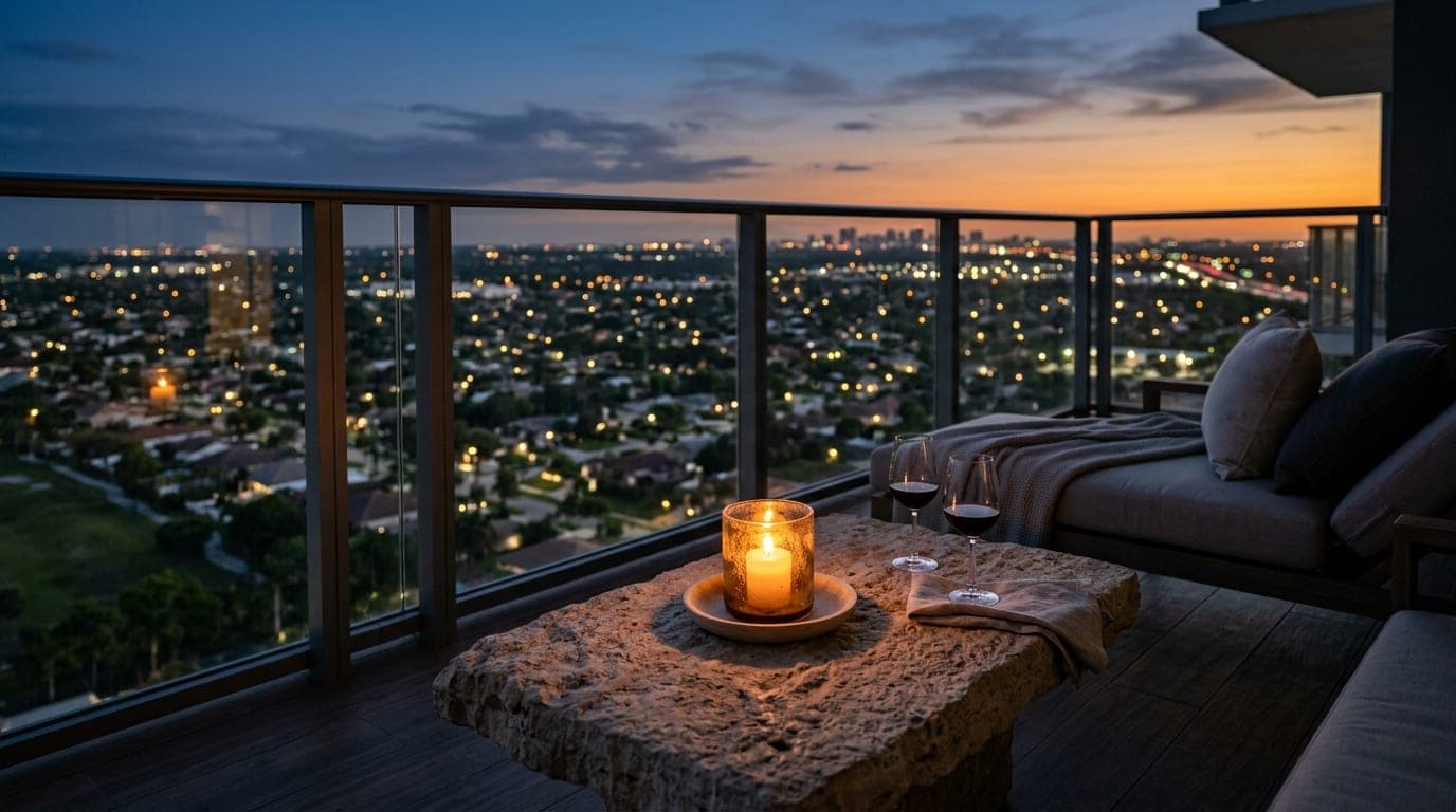 A medium shot captures a luxury high-rise balcony at dusk overlooking the suburban sprawl of St. Lucie West. A single flic...