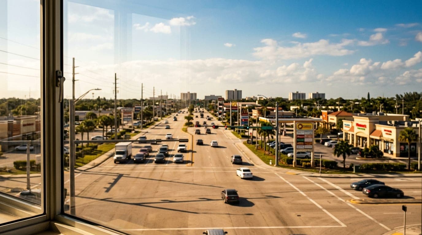 A sun-drenched 35mm view through a clean window captures the busy, traffic-filled intersection of US-1 in Port St. Lucie a...