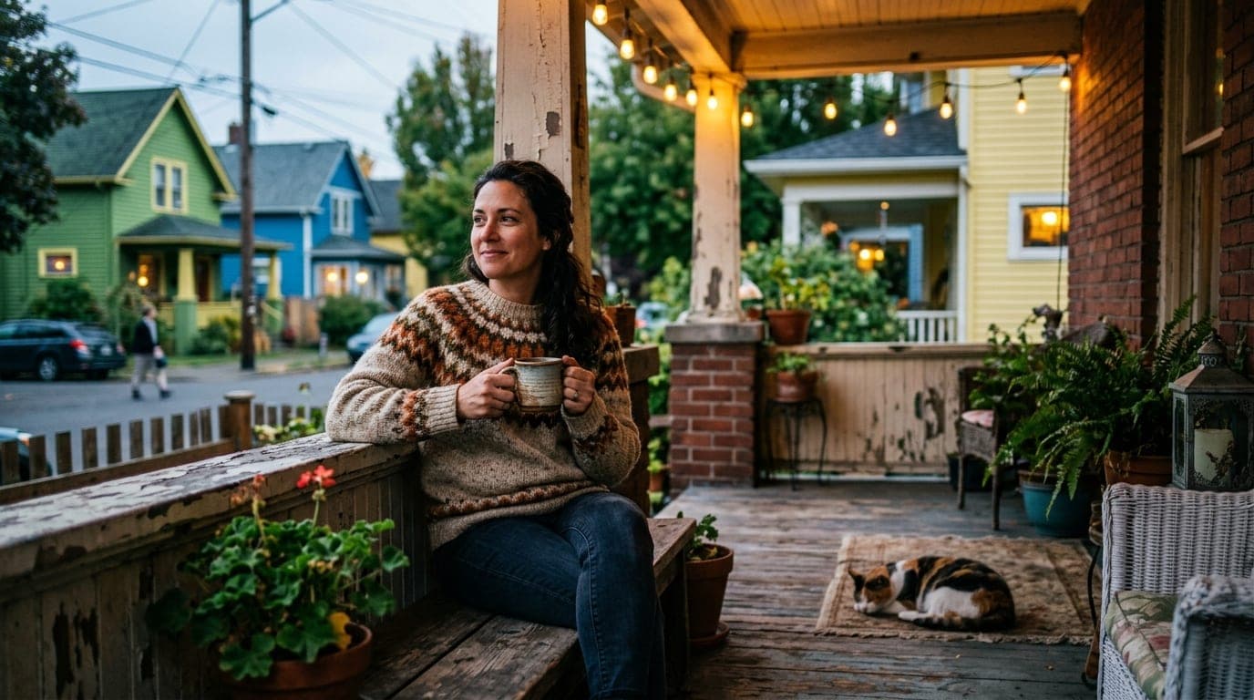 A woman in a vintage wool sweater sits on a weathered Alberta Arts District porch, holding a ceramic coffee mug. A neighbo...