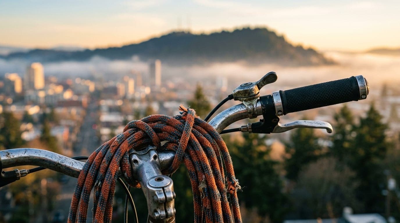 A sun-drenched, extreme close-up of a vintage mountain bike handlebar with a tangled length of climbing rope draped over i...