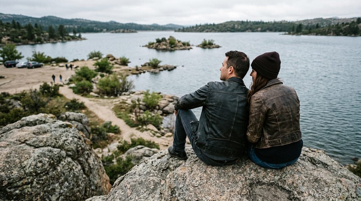 A 35mm documentary shot of a leather-jacketed couple sitting on a rough granite boulder at Watson Lake. Overcast morning l...