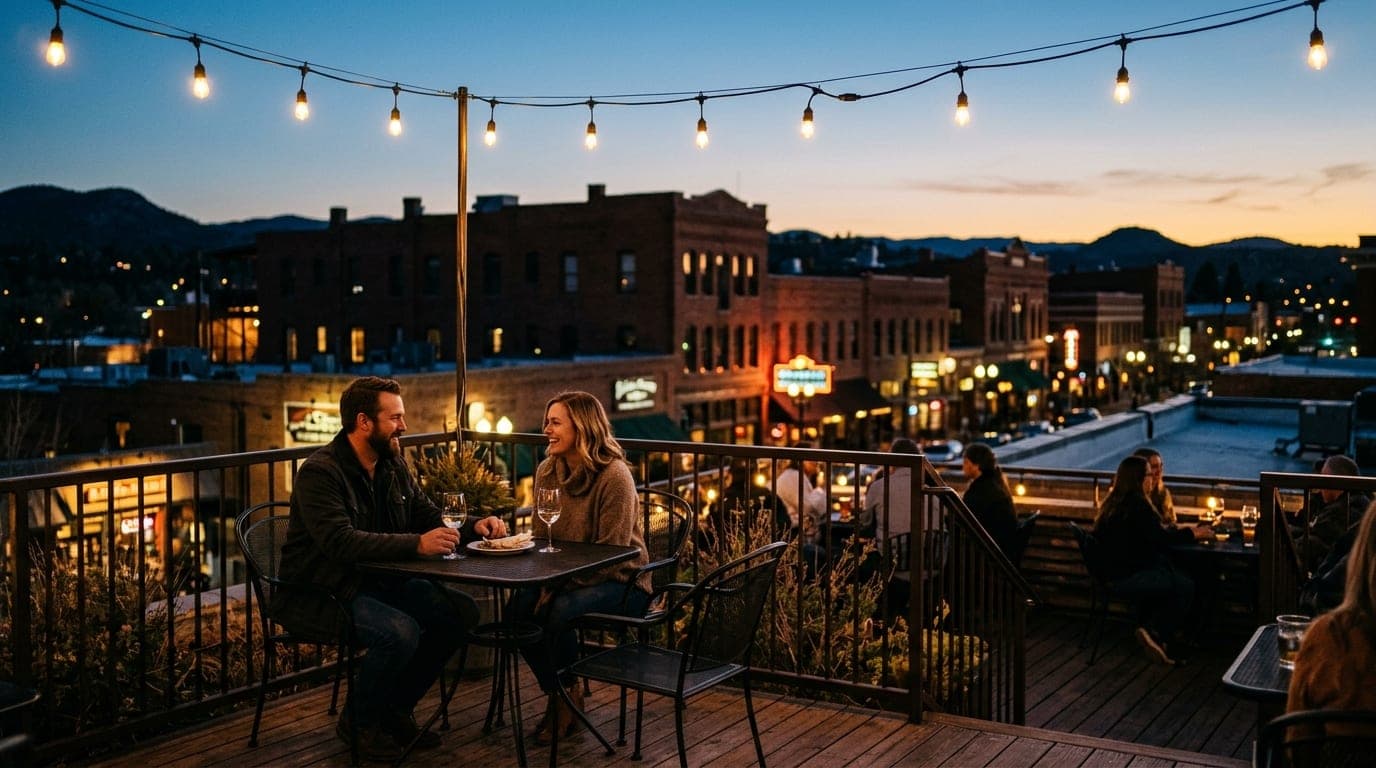 A couple sits at a metal bistro table on the Raven Cafe rooftop at dusk. Warm tungsten lights glow, offset left, overlooki...