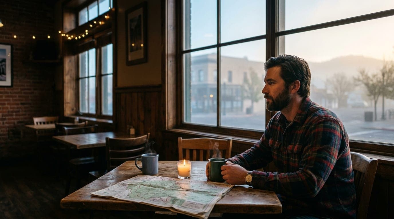 A candle-lit table in a quiet Prescott cafe holds two steaming mugs and a worn topographic trail map. A man in a flannel s...