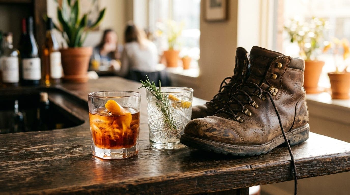 A 100mm macro shot captures two half-finished craft cocktails resting on a polished dark wood bar top. Beside the glasses,...