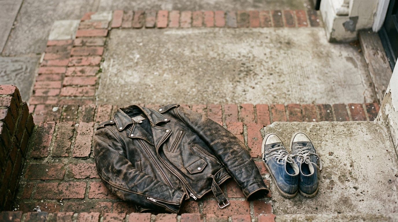 A weathered leather motorcycle jacket draped over a faded brick stoop in the West End. Beside it, a pair of worn canvas sn...