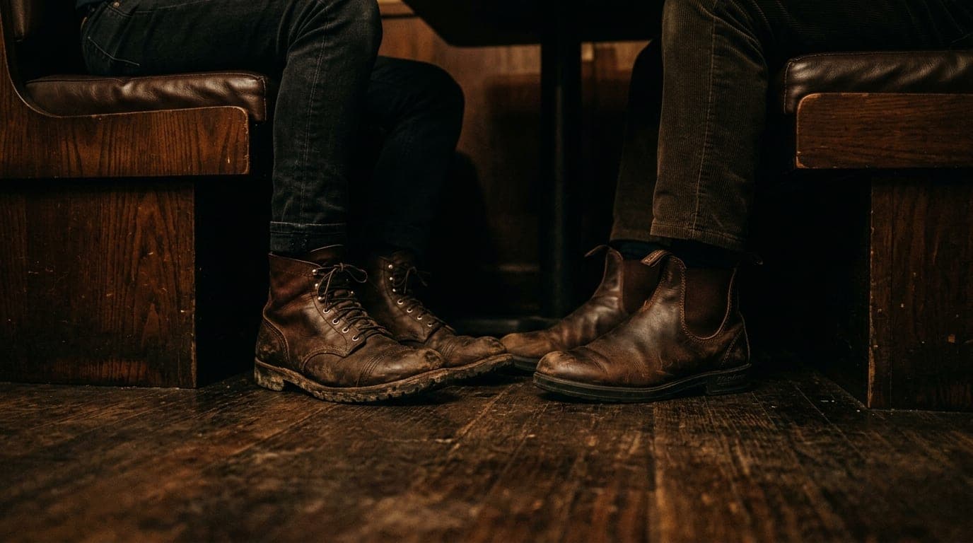 Wide establishing shot of a dimly lit, mid-century booth inside The Courtland Club at night. Two pairs of worn leather boo...