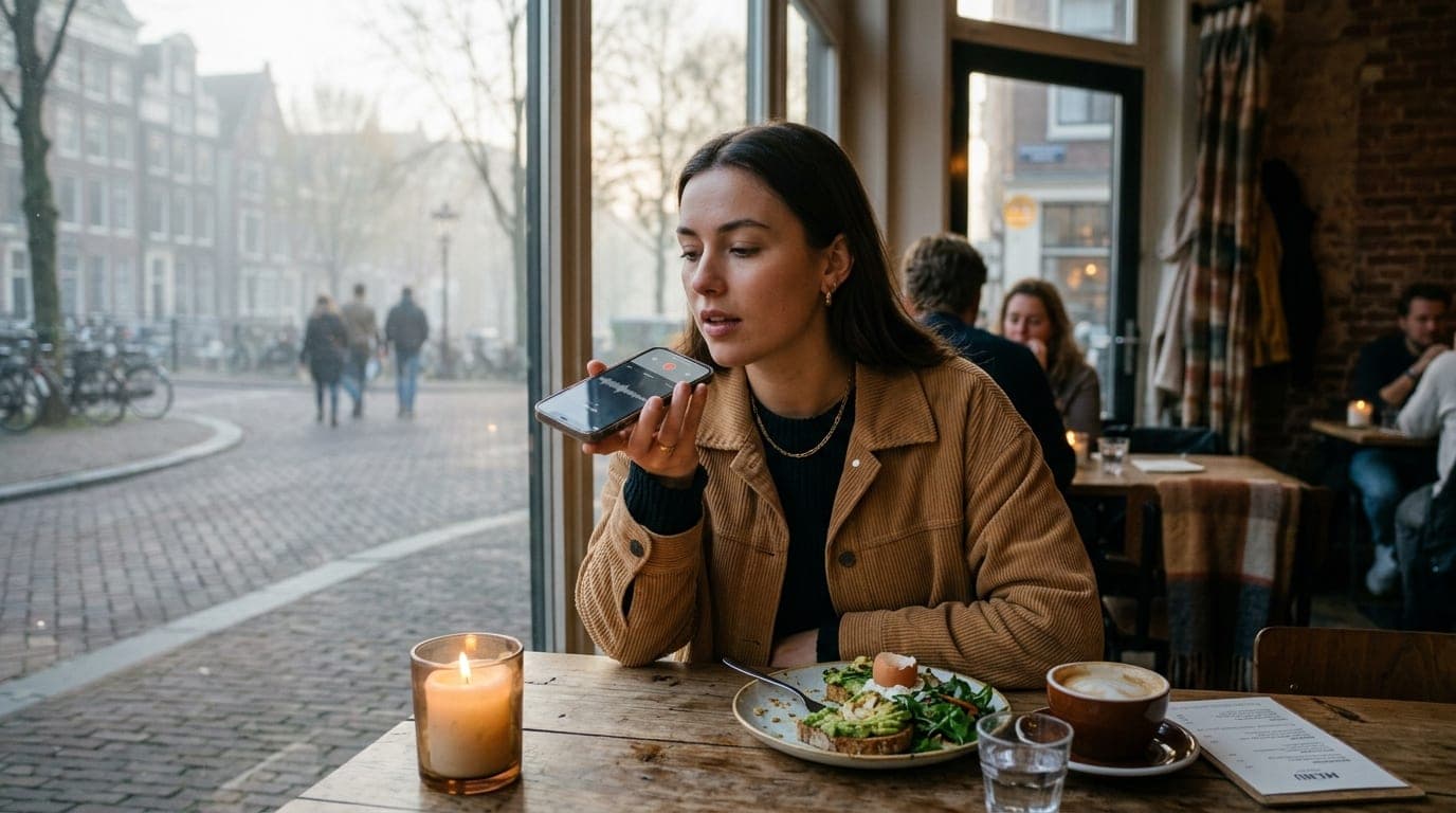 A woman in a corduroy jacket records a Hinge voice note while sitting at a candle-lit cafe table. Her smartphone is held n...