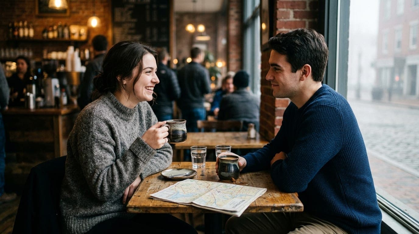 A couple in casual sweaters sits at a small table inside The Nitro Bar. Two ceramic mugs and a folded Providence map sit b...