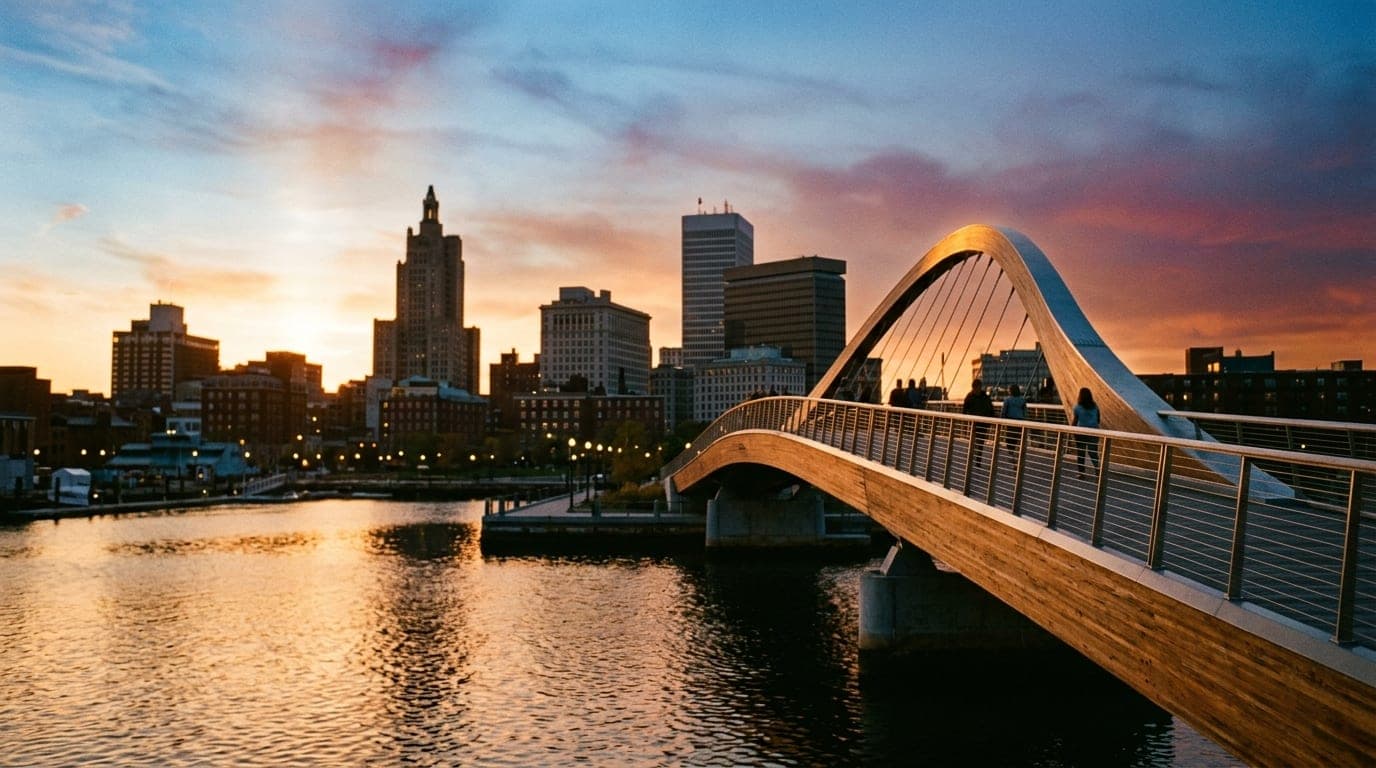 35mm documentary shot at golden hour. The iconic Providence Pedestrian Bridge glows in the warm light, framed offset right...