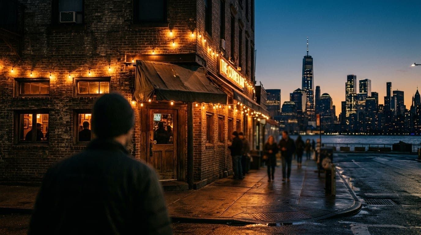 The weathered brick exterior of a historic West Side bar at dusk, softly illuminated by warm, glowing string lights reflec...