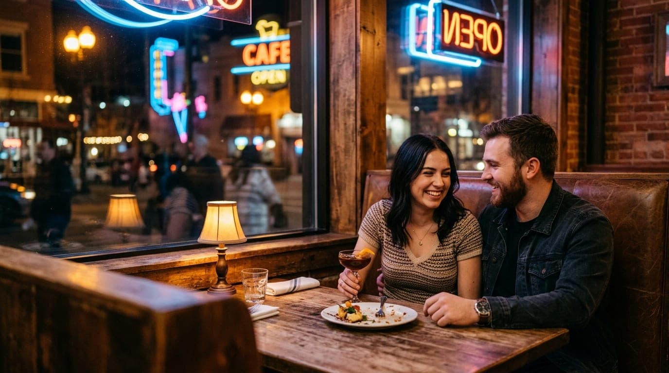 A wide, warm-toned shot of a couple sitting in a cozy booth at Black Sheep Cafe. A craft cocktail sits near a shared plate...