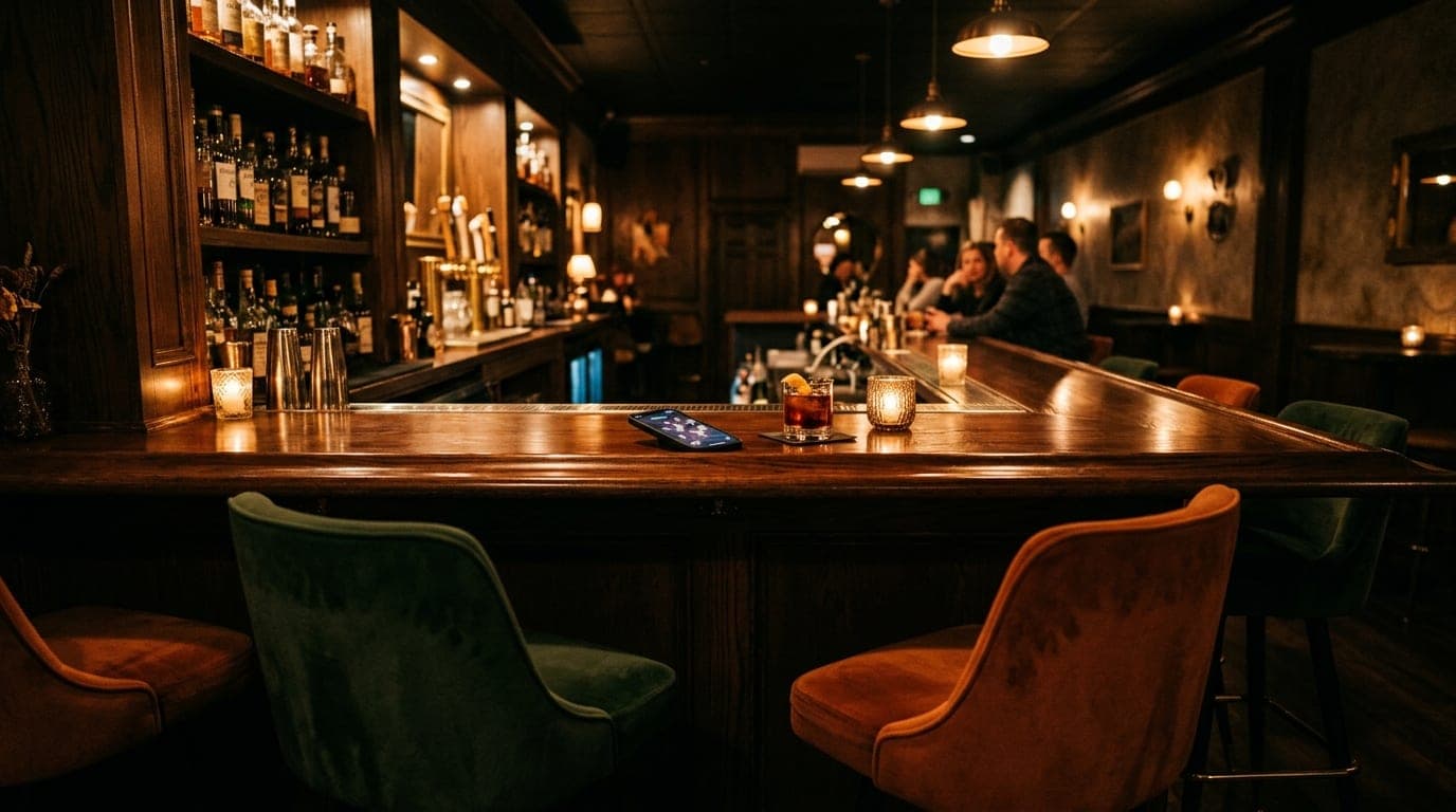 A wide 24mm shot inside a dimly lit Provo cocktail lounge. Centered symmetrically, two velvet barstools face a polished wo...