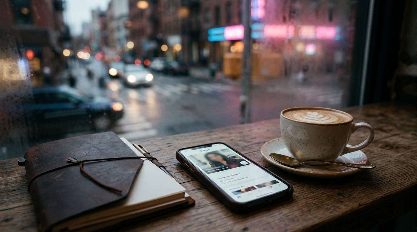 Noon natural light streams through a window, illuminating a sleek smartphone displaying a Hinge profile beside a steaming...