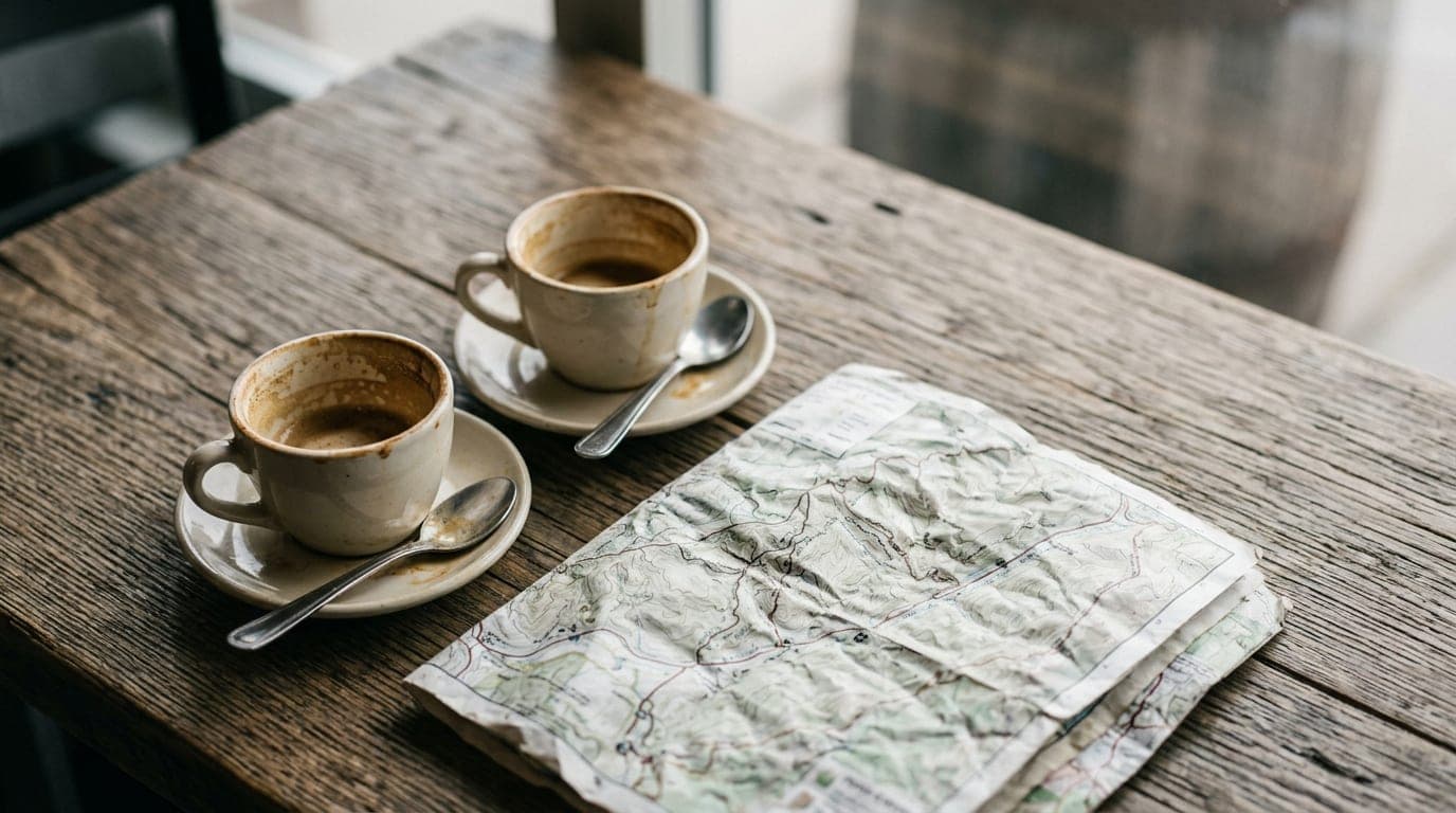 Overhead flat-lay of two half-empty espresso cups and a single, crumpled Provo Canyon trail map resting on a weathered woo...