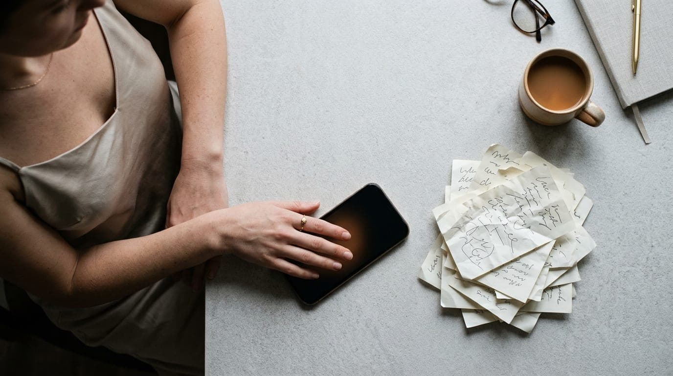 An overhead flat-lay shot shows a woman wearing a silk camisole, her hand resting on a smartphone. Beside it, a stack of d...