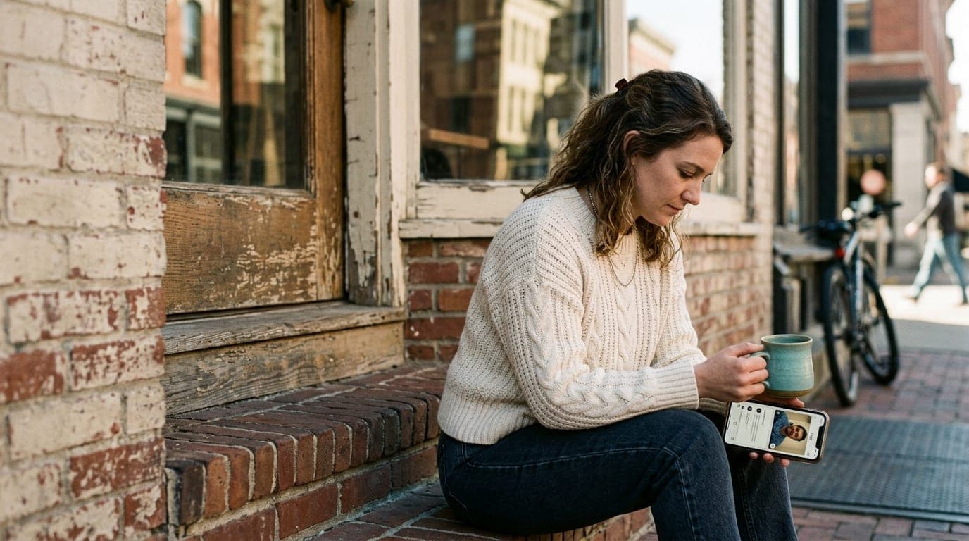 A woman in a cream-colored knit sweater sits on the weathered brick steps of a downtown Racine storefront, holding a coffe...