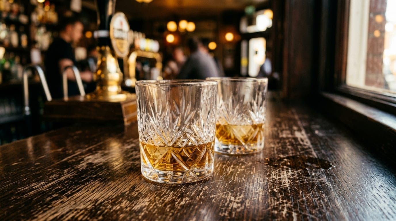Late afternoon sun catches a pair of crystal whiskey tumblers resting on a dark, scratched wooden table at The Ivanhoe, wi...